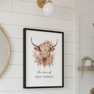 Lustige Blumige Highland-Kuh-Badezimmer-Dekoration Fotodruck