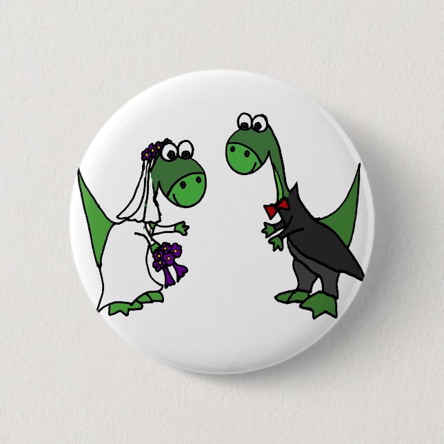 Lustige Brontosaurus-Hochzeits-Kunst Button (Vorderseite)