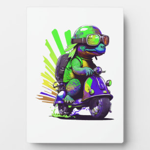 Lustige Bunte Schildkröte Auf Einem Roller Kopie Fotoplatte