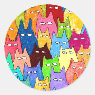 Lustige Cartoon-Katzen Farb-Bleistift-Zeichnung Runder Aufkleber
