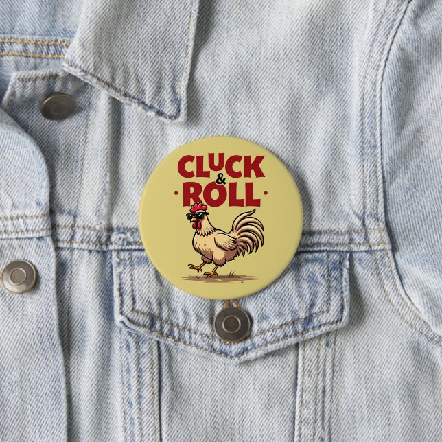 Lustige "Cluck & Roll" Coole Hahn Cartoon Gestaltu Button (Beispiel)