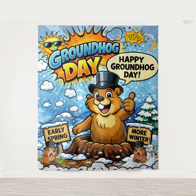 Lustige Comic Groundhog Day Kulisse Wandteppich (Vorderseite)