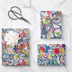 Lustige coole Farbskizze Fahrrad Aquarellmuster Geschenkpapier Set