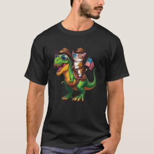Lustige Cowboy-Katze reitet Dinosaurier USA-Flagge T-Shirt