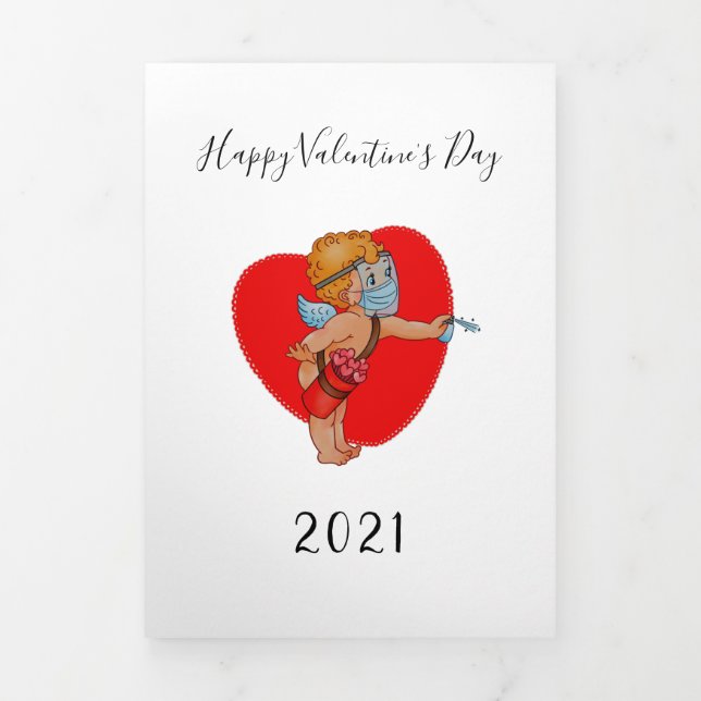 lustige cupid maske covid 2021 Herzvalentine Foto Dreifach Gefaltete Urlaubskarte (Cover)