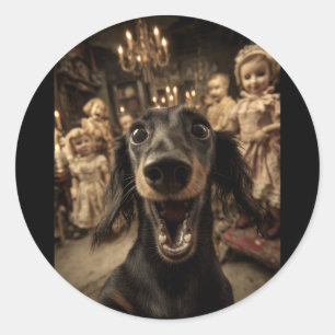 Lustige Dachshund-Selfie-Puppen Grusel-Halloween Runder Aufkleber