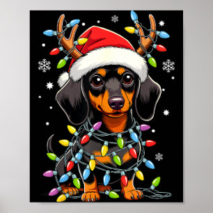 Lustige Dachshund-Weihnachtslichter Santa Hut Xmas Poster