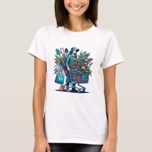 Lustige Dame mit Einkaufswagen voller Pflanzen T-Shirt