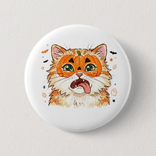Lustige Derpy Halloween-Katze mit Kürbis-Gesichtsb Button