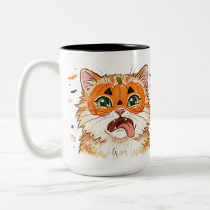 Lustige Derpy Halloween-Katze mit Kürbis-Gesichtsb Zweifarbige Tasse