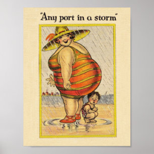 Lustige dicke Dame am Strand Poster