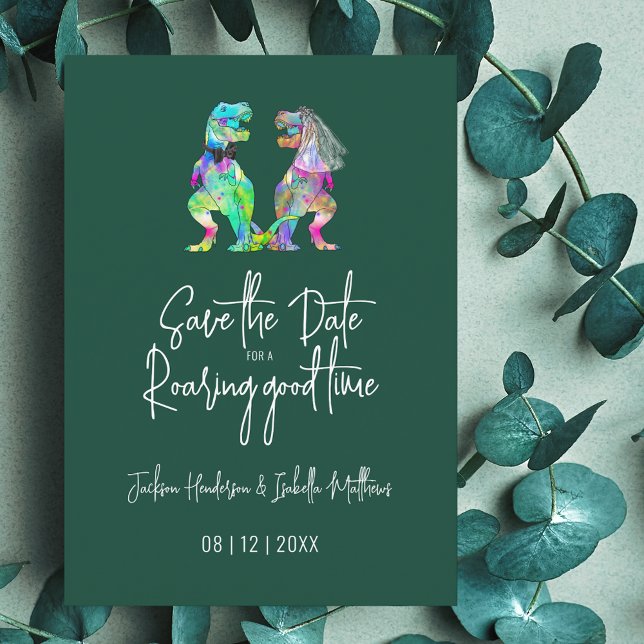 Lustige Dinosaurier Braut & Bräutigam Grüne Hochze Save The Date (Funny Dinosaur wedding save the date for a roaring good time Invitation T-Rex bride and groom)