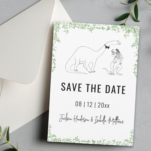 Lustige Dinosaurier-Hochzeit Grün Save The Date (funny dinosaur wedding save the date T-Rex bride brontosaurus groom line art drawing )