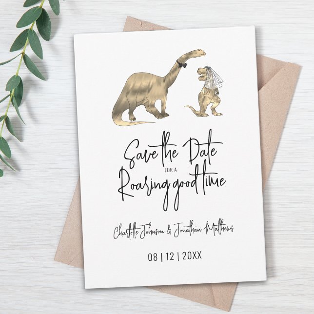 Lustige Dinosaurier-Hochzeit - Save the Date (Funny Dinosaur wedding save the date card Brontosaurus groom T-Rex bride)