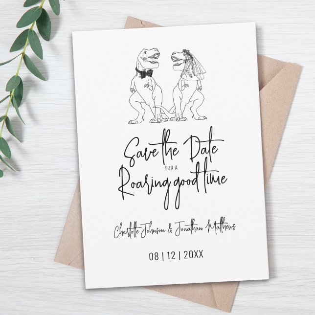 Lustige Dinosaurier-Hochzeit - Save the Date (save the date for a roaring good time funny dinosaur wedding T-Rex bride and groom simple line art)