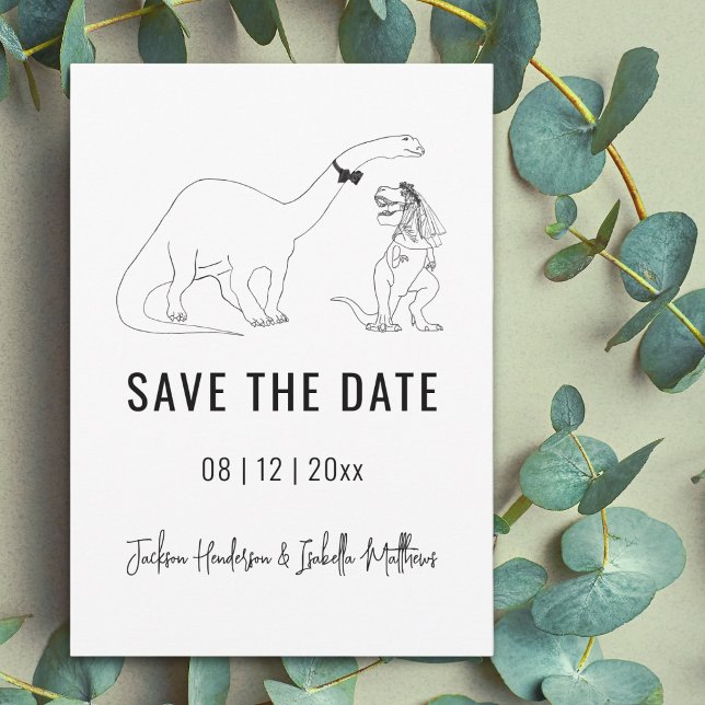 Lustige Dinosaurier-Hochzeit Save The Date (funny dinosaur wedding save the date T-Rex bride brontosaurus groom line art drawing)