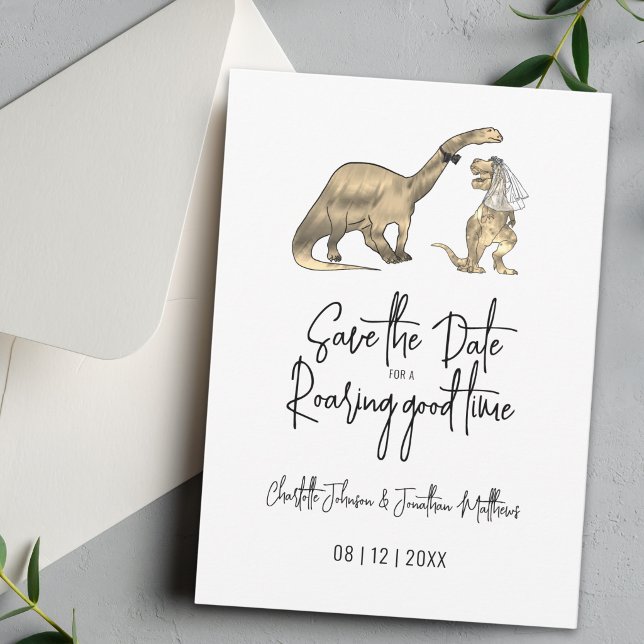 Lustige Dinosaurier Hochzeit Save The Date (Funny T-Rex bride and Brontosaurus groom Dinosaur wedding save the date for a roaring good time card)