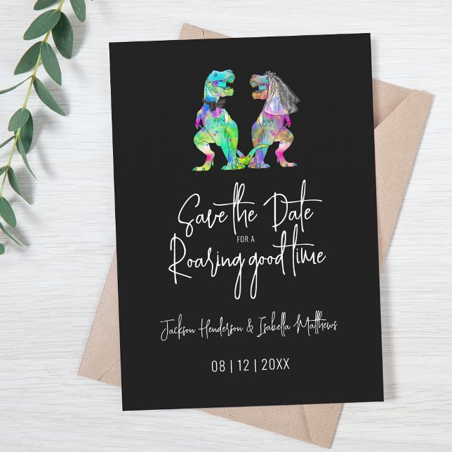 Lustige Dinosaurier-Hochzeit Schwarz und Weiß Save The Date (Funny T-Rex bride and groom dinosaur wedding save the date for a roaring good time quote psychedelic)