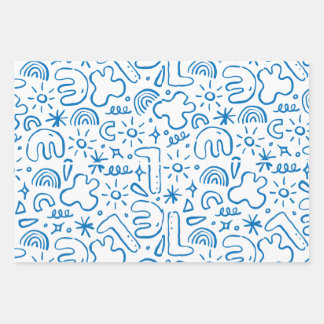 lustige Doodle-Zeichnungen, navy, pastellblau und Geschenkpapier Set