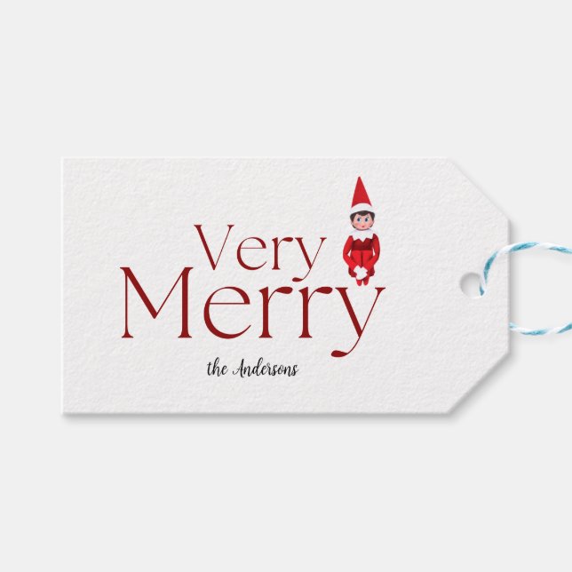 lustige Elf sehr fröhliche Weihnachtsfamilie Geschenkanhänger (Vorderseite (Horizontal))