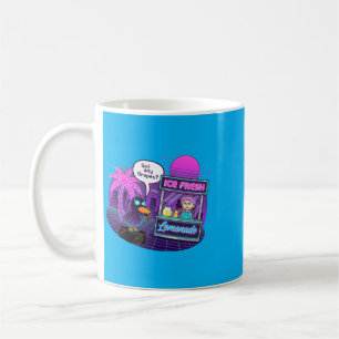Lustige Ente am Limonadenstand fragt Gs Kaffeetasse