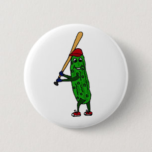 Lustige Essiggurke, die Baseball-Cartoon spielt Button