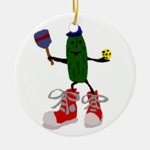 Lustige Essiggurke, die Pickleball und Paddel häl Keramikornament