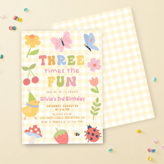 Lustige farbenfrohe Gingham-Girl-Einladung zum 3. Einladung
