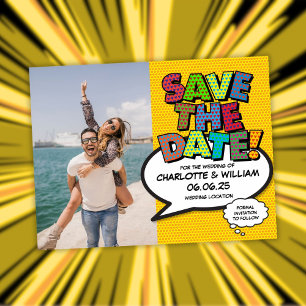 Lustige farbenfrohe Hochzeit Save The Date Foto Ankündigungspostkarte