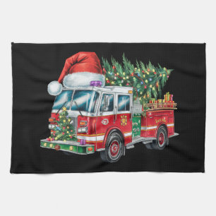 Lustige Feuerwehrmann Santa Hut Weihnachtsbaumlich Geschirrtuch
