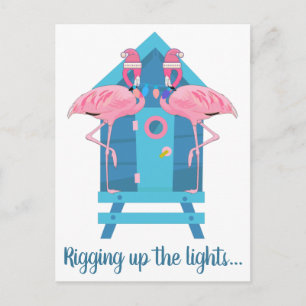 Lustige Flamingo-Weihnachtslichter Strandhütte Postkarte