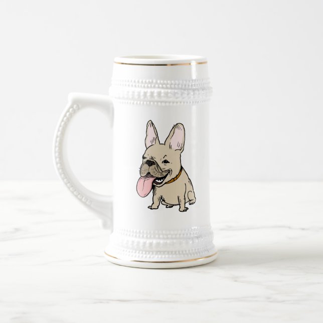 Lustige französische Bulldogge mit der enormen Bierglas (Links)