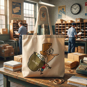 Lustige Frau schleppt schwere Posttasche Tragetasche