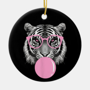 Lustige Frauen-Tigerbrille & Rosa Bubble Gum Anim Keramik Ornament