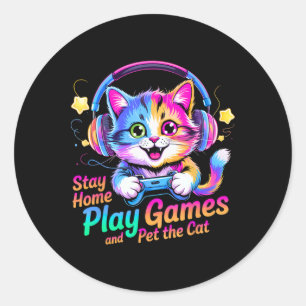 Lustige Gamer-Katze bleibt zu Hause1  Runder Aufkleber