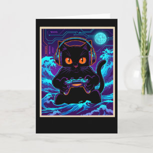 Lustige Gamer-Katze Neon Cyber-Gaming-Nacht Retro- Karte