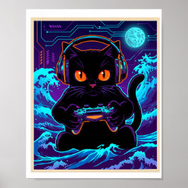 Lustige Gamer-Katze Neon Cyber-Gaming-Nacht Retro- Poster