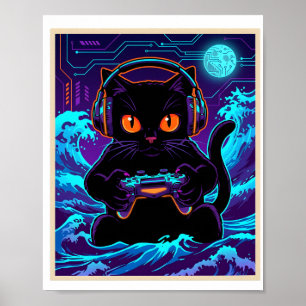 Lustige Gamer-Katze Neon Cyber-Gaming-Nacht Retro- Poster