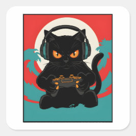 Lustige Gamer-Katze Retro-Controller-Kopfhörer Nac Quadratischer Aufkleber