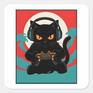 Lustige Gamer-Katze Retro-Controller-Kopfhörer Nac Quadratischer Aufkleber