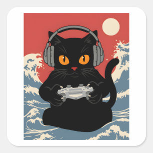 Lustige Gamer-Katze Retro-Controller-Kopfhörer Nac Quadratischer Aufkleber