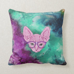 Lustige Geeky Katze auf Aquarell Backgroun Kissen