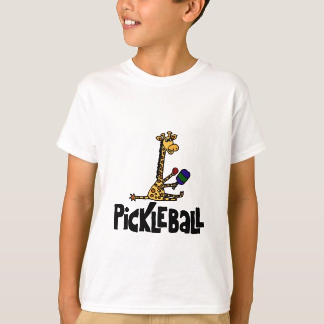 Lustige Giraffe, die Pickleball Cartoon spielt T-Shirt (Vorderseite)
