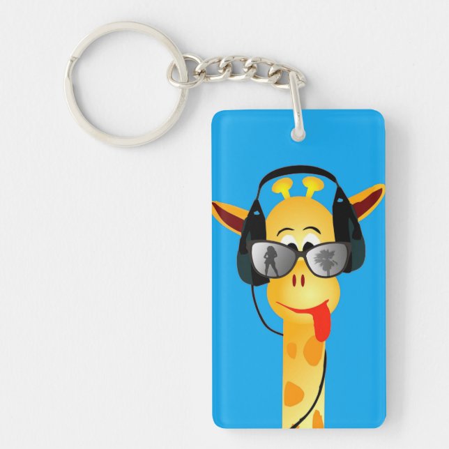 lustige Giraffe mit Kopfhörersommer-Glas-Comic Schlüsselanhänger (Vorderseite)