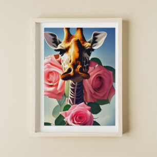 Lustige Giraffe und Rosen Digitale Kunst Poster