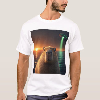 lustige grafische Capybara Selfie mit UFO komisch T-Shirt