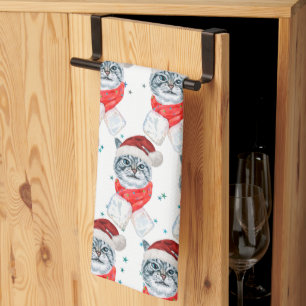 Lustige Graue Tabby-Katze mit Weihnachtsmannmütze  Geschirrtuch