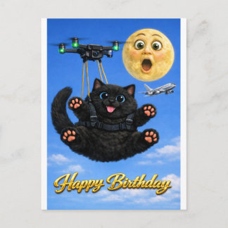 Lustige große schwarze Katze Drohnenflug Alles Gut Postkarte