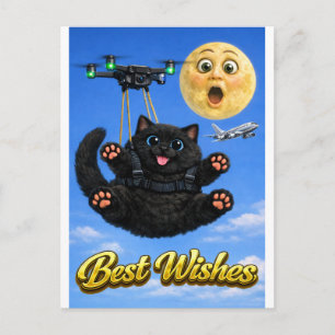Lustige große schwarze Katze Drohnenflug beste Wün Postkarte