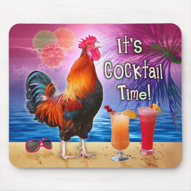 Lustige Hahn-Huhn-Cocktail-tropisches Strand-Meer Mousepad (Vorne)